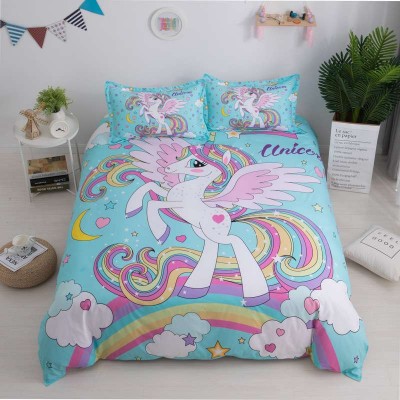 Luxury 3D unicorn cartoon printing bed sheet comforter single 3 pieces children kids bedding set for girls